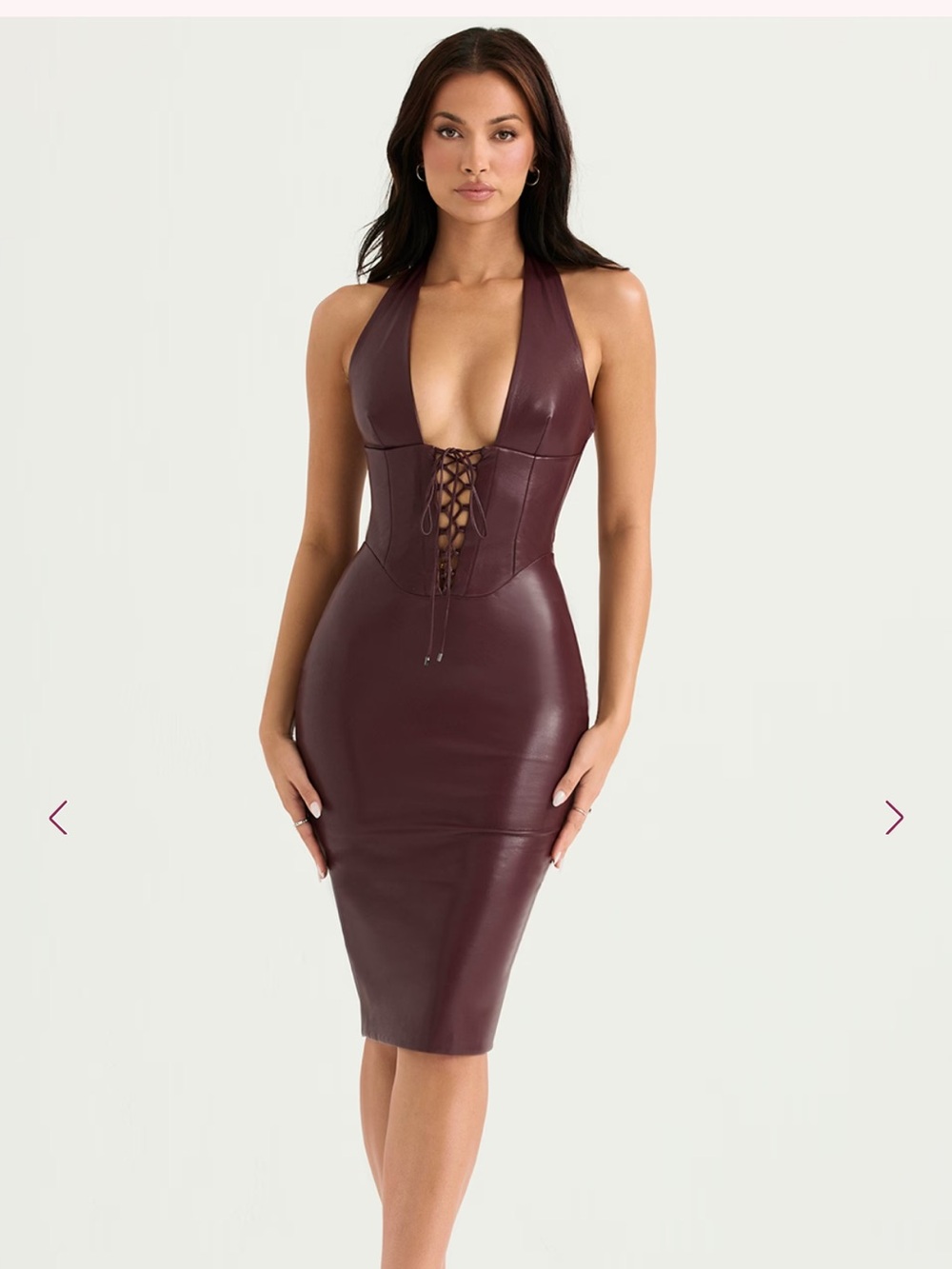 House of CB Jaquetta Wine Vegan Leather Corset Halter Midi Dress XS
